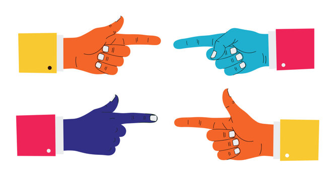 Four colorful illustrations of hands pointing in different directions with fingers extended in a pop art graphic style.