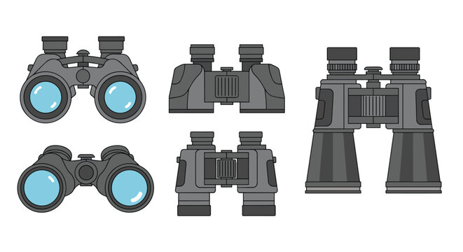 Collection of various binoculars icons in different styles and perspectives for exploration birdwatching and surveillance themes.
