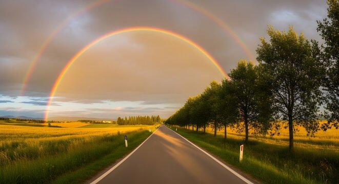 Stunning Double Rainbow Over a Scenic Country Road Through Golden Fields at Sunset After a Summer Rain