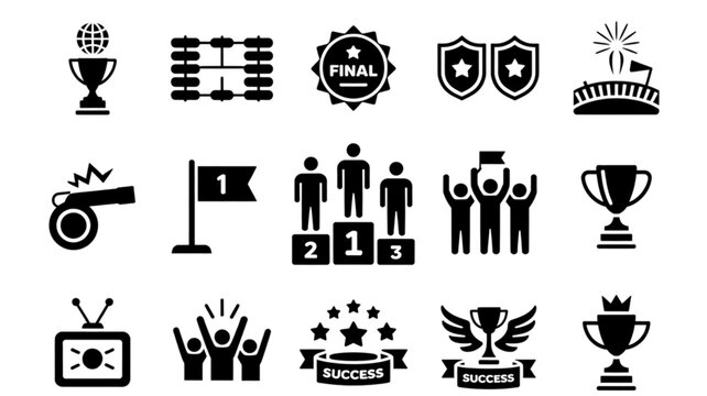 Modern football winner icons with trophy cup and award symbols for sports championship celebration vector illustration set