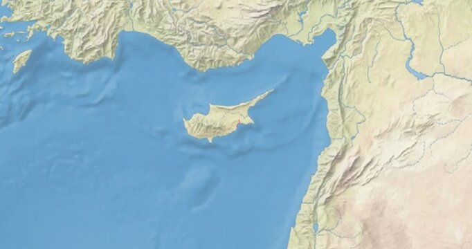Cyprus on Globe. Zoom into the country with Earth spinning on dark background. Physical world map with Cyprus and label on it. Country view animation.