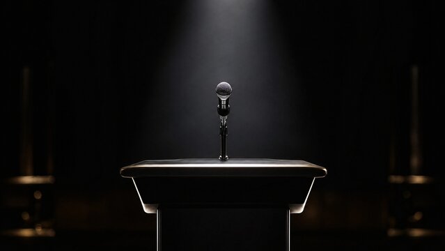 lectern. A sleek modern lectern with a microphone under a spotlight on a dark stage. real-estate listings, architecture portfolios, designed for real-estate listing and luxury residence showcases.