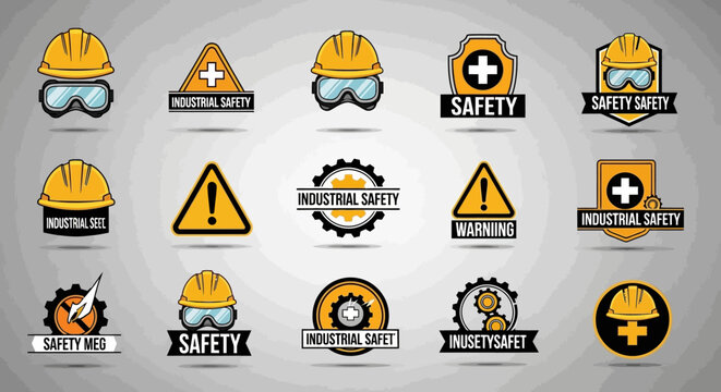 Industrial Safety Icons: Helmets, Goggles, Warning Signs, Gears, Cross