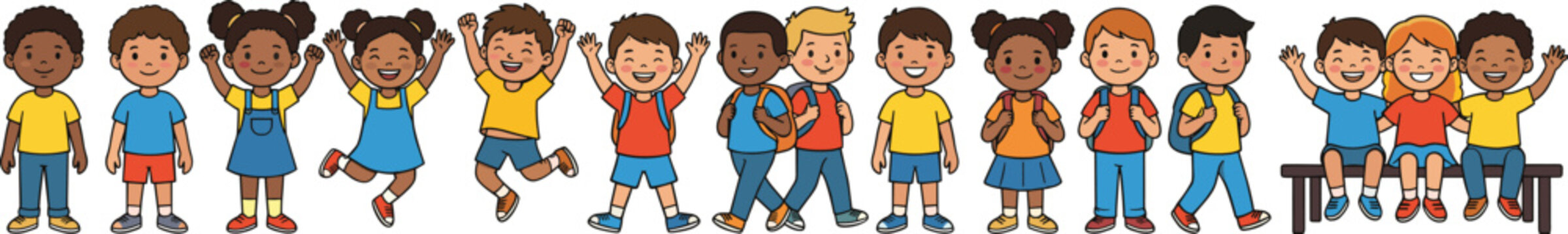 Diverse group of happy cartoon school children standing in a row and waving hands on white background