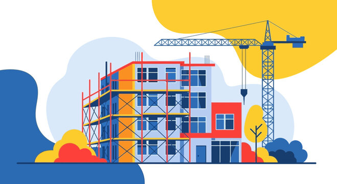 Construction Site with Crane and Building Under Development, Urban Project