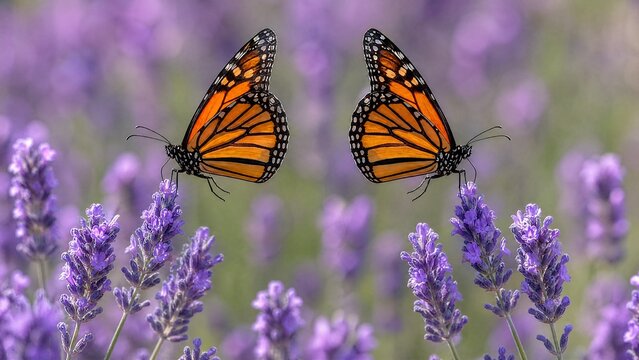 unison. Two monarch butterflies flying in unison among purple lavender flowers, synchronized wings. wildlife magazines, conservation campaigns, designed for nature documentaries and education.