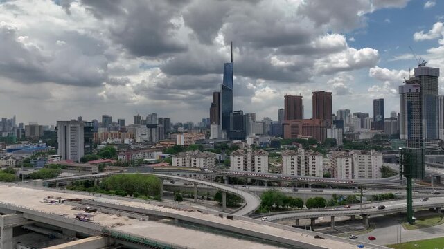 day time kuala lumpur city traffic street road interchange downtown view aerial panorama 4k malaysia  