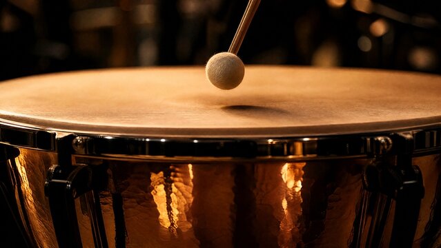 timpani. Close-up of a timpani drumhead with a drumstick poised just above its center. event programs, museum guides, designed for cultural heritage projects and event programs, preserves heritage.