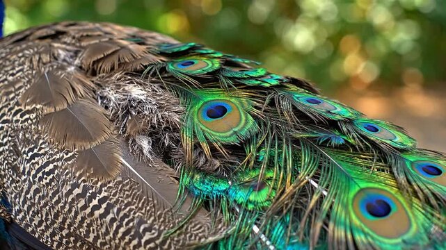 Vibrant Close-Up Of Peacock Feathers Showcasing Iridescent Blues And Greens With Eyespot Patterns In Natural Background