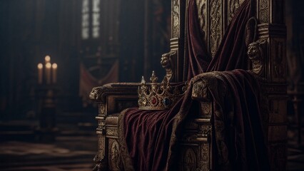 Naklejka premium regalia. A jeweled crown placed on an empty, ornate velvet-draped throne. event programs, museum guides, designed for cultural heritage projects and event programs, elevates cultural identity.