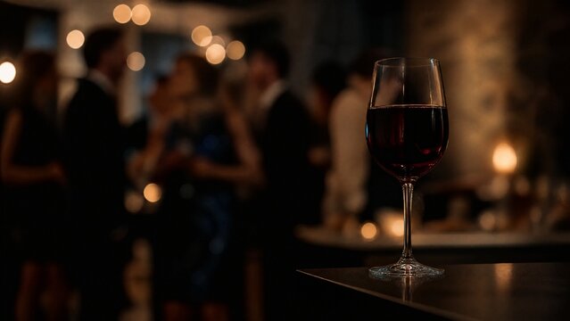 shallow. Full glass of red wine on table edge, blurred party background. bar promotions, beverage menus, designed for food & beverage menus and cafe branding, elevates brand perception.