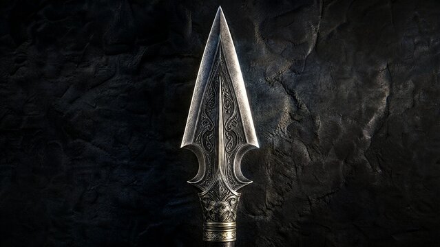 spearhead. An ornate metallic spearhead against a dark stone background. event programs, museum guides, designed for cultural heritage projects and event programs, used by creative directors.