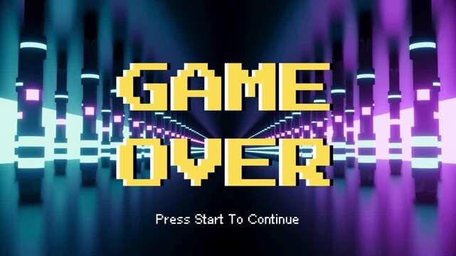 Vibrant retro arcade 'game over' screen with pixelated text against a futuristic neon lit tunnel, signaling the end of a digital adventure and an invitation to restart
