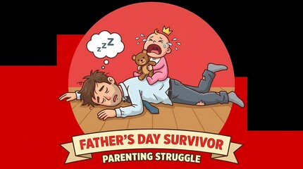 Obraz premium Father lies exhausted on floor with crying baby on his stomach at home