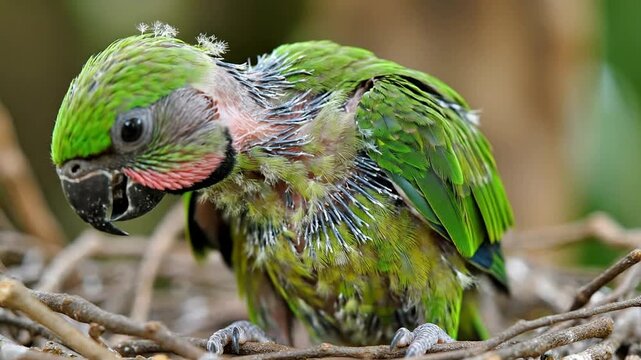 Vibrant Young Green Parakeet Nesting in Natural Habitat with Rich Plumage and Curious Expression, Perfect for Wildlife and Nature Lovers