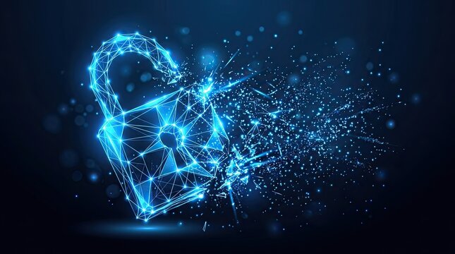 Abstract glowing blue digital padlock dissolving into particles and light streaks on a dark futuristic background symbolizing data breach cybersecurity threat system failure and network security