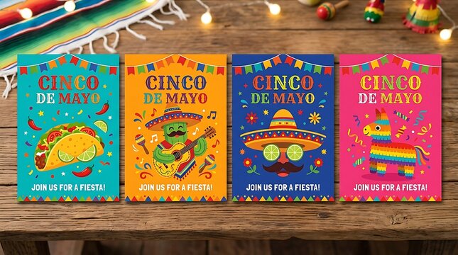 Vibrant Cinco de Mayo Cards Displayed on Wooden Table with Decorations