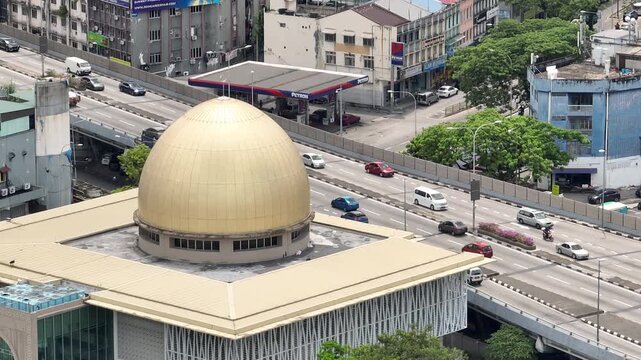 day time kuala lumpur city traffic road overpass modern mosque dome aerial panorama 4k malaysia  