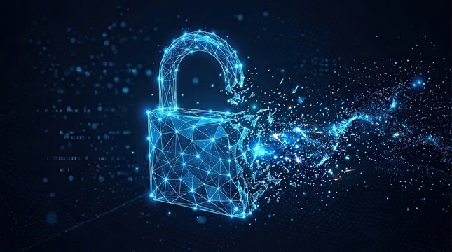 Digital padlock disintegrating into glowing blue particles and data streams against a dark abstract background symbolizing data breach cybersecurity and the breakdown of digital security systems