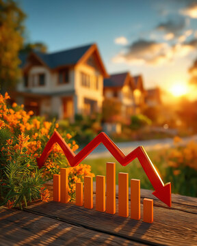 Downturn in Housing Market: A symbolic red arrow chart plunges downwards in front of suburban houses at sunset, illustrating a decline in real estate values.