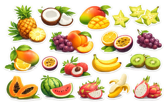 Tropical fruit sticker collection, tropical fruit stickers, sticker collection, tropical fruits, fruit stickers, kawaii fruit, colorful fruit illustration, exotic fruits, tropical food, cute stickers,