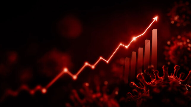 Red Pandemic Growth Chart: A dramatic red chart illustrates a steep upward trend, signifying an aggressive growth amidst a backdrop of abstract viral particles.
