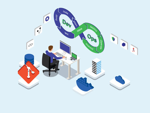 DevOps Engineer Working on Software Development Lifecycle and Git Workflow 3d isometric vector illustration