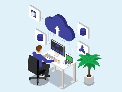 Cloud Computing Engineer Uploading Data and Managing Network Servers 3d isometric vector illustration