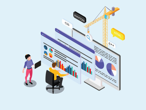 web development and data analysis team building website interfaces and dashboards 3d isometric vector illustration