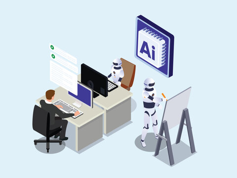 artificial intelligence in the workplace with robots and a human collaborating on computer tasks and desig 3d isometric vector illustration