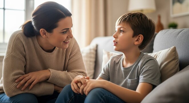 Conversa entre mulher e menino no sof&aacute;, em ambiente interno, sob a luz do sol. Conceito de comunica&ccedil;&atilde;o.