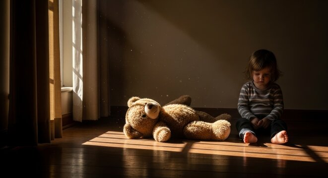 Crian&ccedil;a com ursinho de pel&uacute;cia em quarto pouco iluminado perto de janela com luz solar.