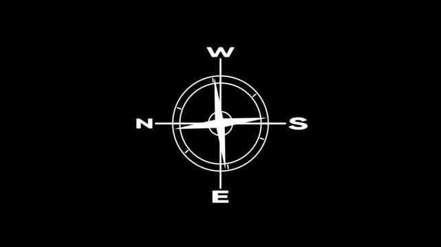 Animated compass rose with north south east west directional markers on black background, navigation