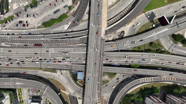 day time kuala lumpur city traffic street road interchange aerial topdown panorama 4k malaysia  