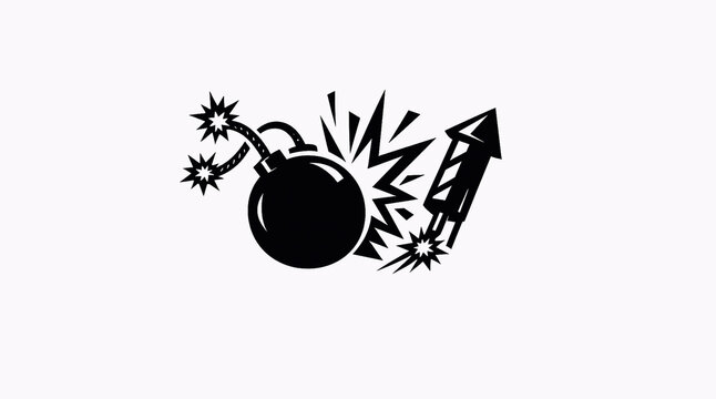 Black and White Graphic of Pyrotechnics and Explosives, Artistic Silhouette of Explosive Bomb and Rocket, Modern Vector Illustration of Bomb and Rocket Icon, Graphic Symbol of Launching firework