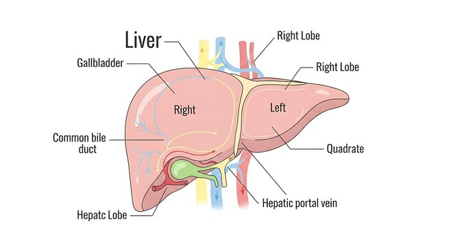 Anatomical diagram of human liver with gallbladder.