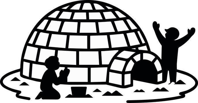 Igloo construction with two people on snowy ground