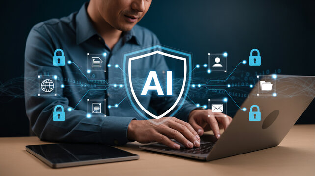 Man working on laptop with ai security shield