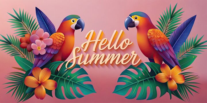 tropical Hello Summer illustration featuring two colorful parrots perched on leafy branches.