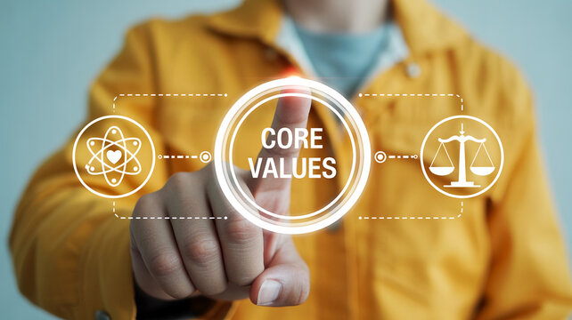 Person clicking core values button with icons