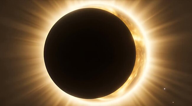 Space Solar eclipse black planet golden star glowing corona space background cosmic light astronomy night sky celestial event dramatic shadow silhouette crossing glowing golden star with intense