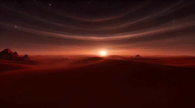 Space Mysterious red desert planet alien landscape sci fi horizon cosmic sky sunrise with glowing space sunset over jagged rocky formation silhouette, dramatic star field cosmic light and surreal