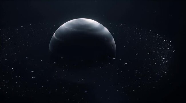 Space Dark Cosmic Planet in Space with Asteroid Ring and Moon Surface, Celestial Orbit in Mysterious Galaxy and Nebula Fantasy Backdrop