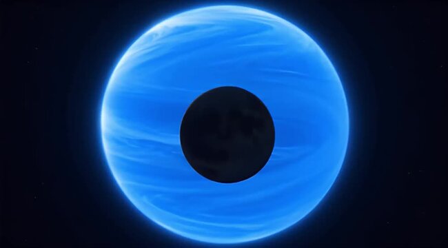Space Blue planet giant planet dark moon deep space astronomy, cosmic orbit eclipse scene with glowing gas world, shadowy moon transit, science fiction exoplanet galaxy concept and dramatic