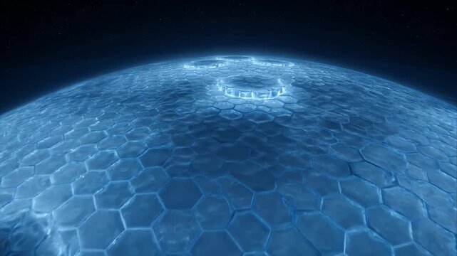 Space Futuristic planet surface hexagon ice texture glowing blue pattern science fiction landscape alien world digital background fantasy frozen terrain cosmic mystery cyber crystal texture