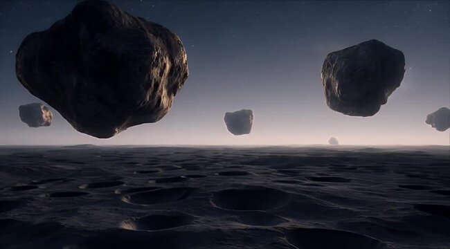 Space surreal landscape alien planet with floating rock asteroid and deep crater horizon night sky, dramatic science fiction fantasy scene of mysterious cosmic atmosphere and celestial vista with