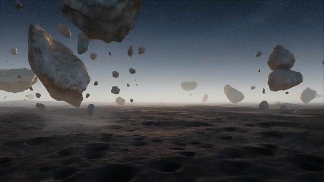 Space Floating rock surreal landscape alien planet with asteroid field science fiction fantasy sky rocky terrain barren ground otherworldly mystical night horizon dramatic cosmic scene dreamy