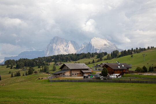 View of traditional wooden chalets nestled in lush green meadows with the majestic peaks of the Dolomites under a cloudy sky in Rocca Pietore, Veneto, Italy.