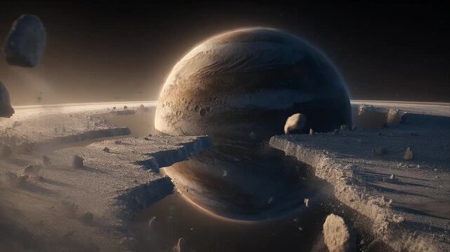 Space Space planet ring ice crater asteroid orbit cosmic sci fi galaxy scene with dramatic light shadow over frozen landscape distant planet colossal ring rugged crater landscape soft cosmic light