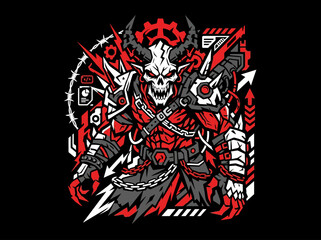 Fototapeta premium Fierce skeletal warrior with mechanical armor and horns